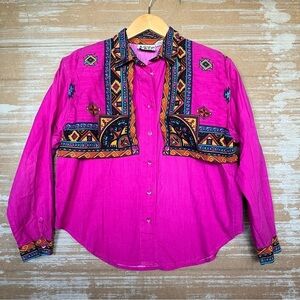 Vintage Adobe Rose Pink Aztec Button Down Rodeo 90s Cowboy Western Womens L
